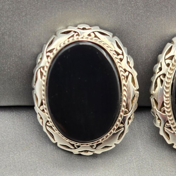 VTG Taxco Sterling Silver & Black Onyx Filigree Clip-On Earrings 1.25" TS-14 - Picture 3 of 12